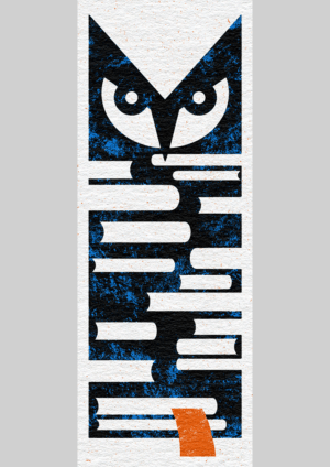 owlhead on stack of books. Illustration for a bookmark.