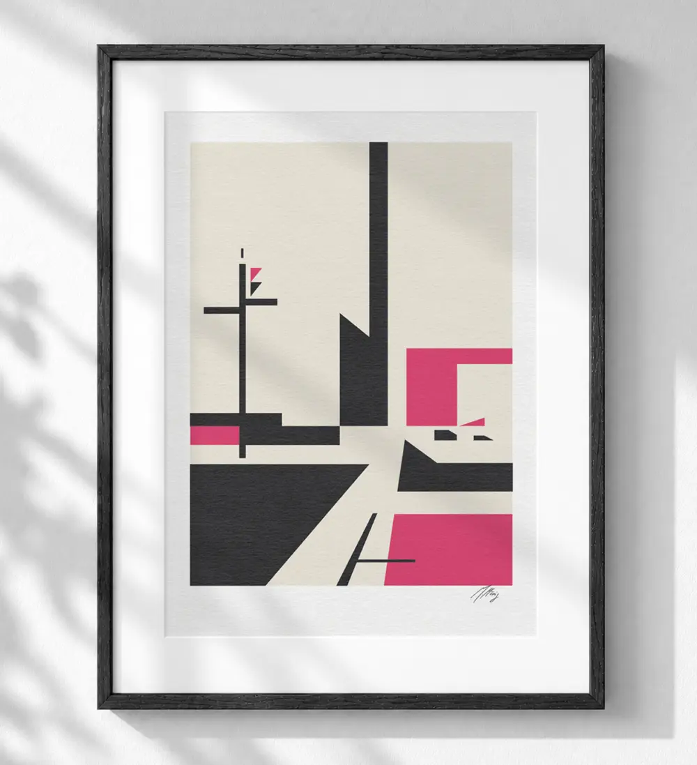 Print shows an abstract Illustration of a crossroad by Jochen Moenig. Framed.