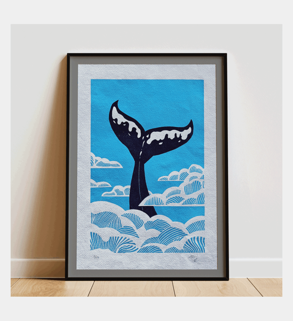 "Fluke". LInocut print. Framed