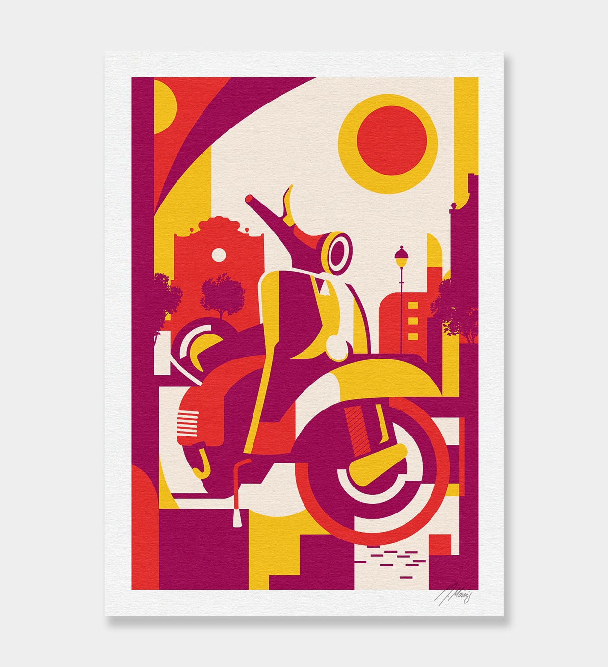 Print shows an abstract Illustration of a Scooter by Jochen Moenig