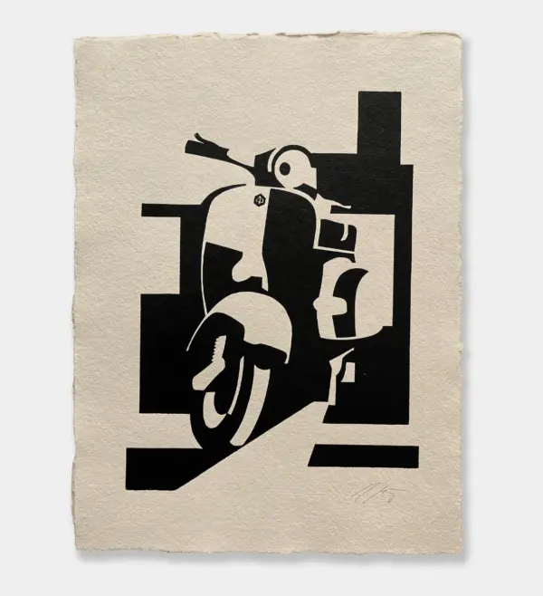 Foto eines Linolschnittes. Motiv: Scooter