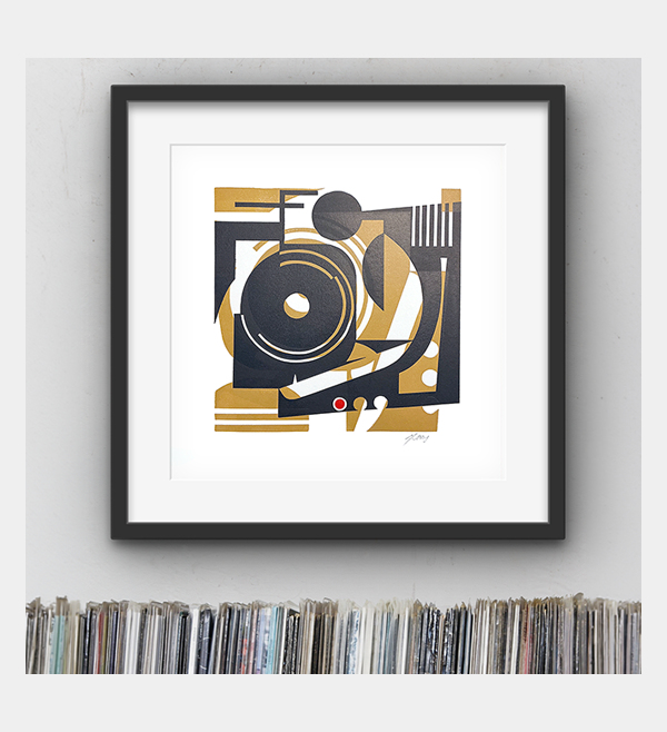 Linocut Print "Turntable". Framed.